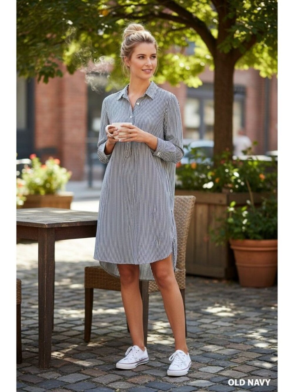 Striped Long-Sleeve Shirt Dress Coastal Preppy Nautical Normcore Minimalist Med.